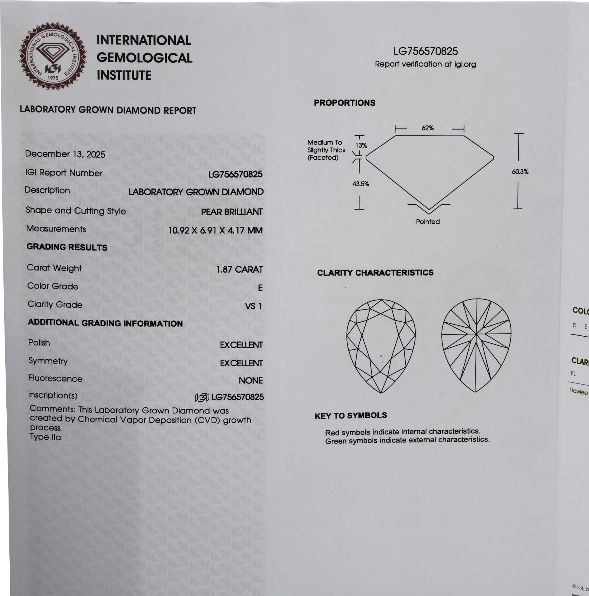 IGI 14k White Gold VS1/E Pear Cut Lab-Grown Diamond Stud Earrings 3.73CT