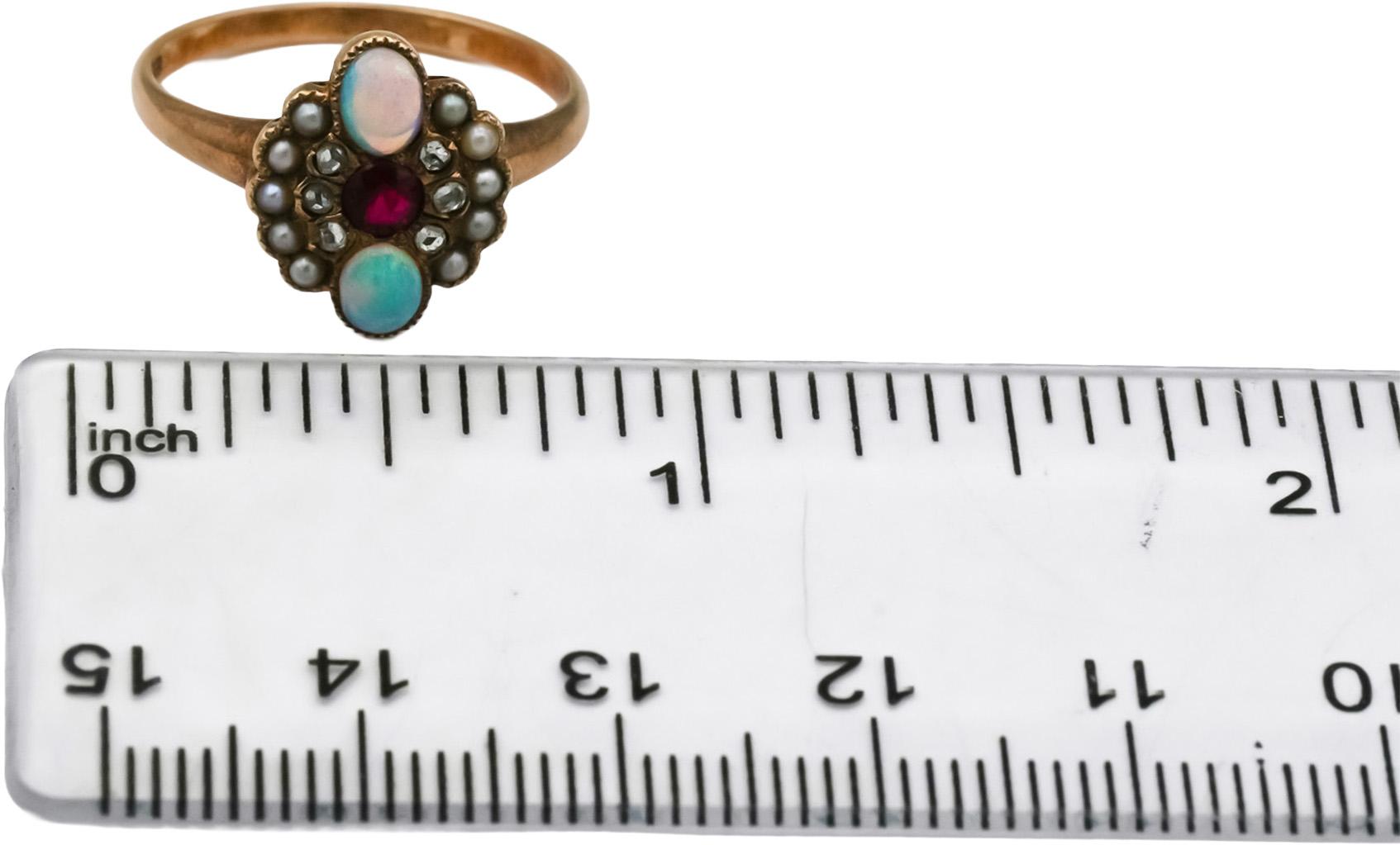 Victorian Antique 10k Gold Rose Cut Diamond Opal Ruby Pearl Cocktail Ring Size 7