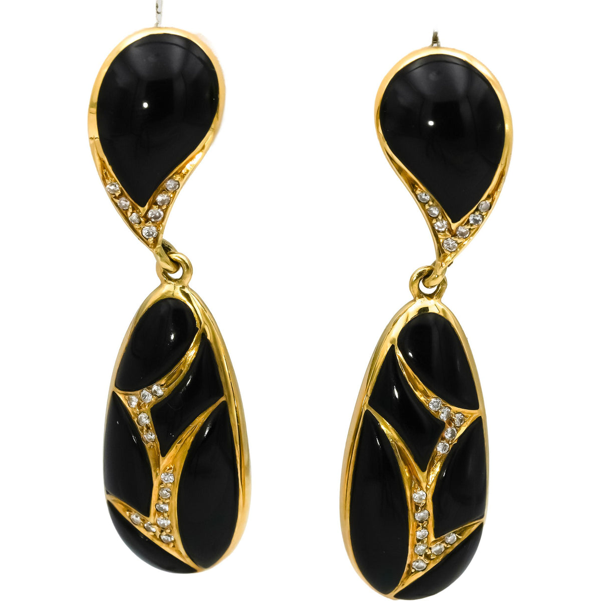 18k Yellow Gold VS Diamond and Black Onyx Drop Dangle Earrings 0.33CT