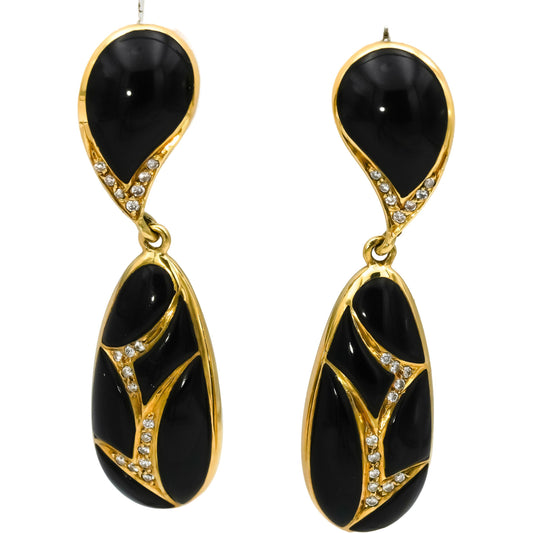 18k Yellow Gold VS Diamond and Black Onyx Drop Dangle Earrings 0.33CT