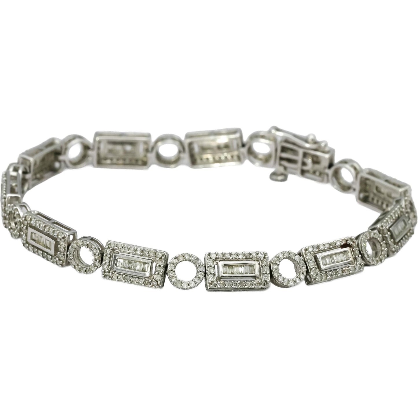 14k White Gold Baguette and Round Diamond Fancy Link Bracelet 2.0CT