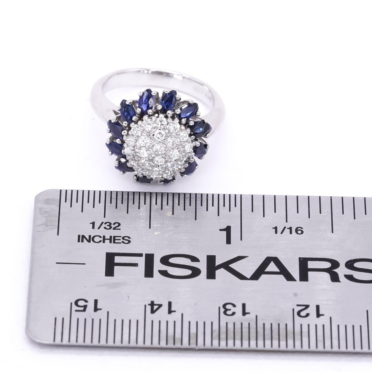 14k White Gold Vintage 1.75ct Diamond + Sapphire Dome Ring Size 5.5