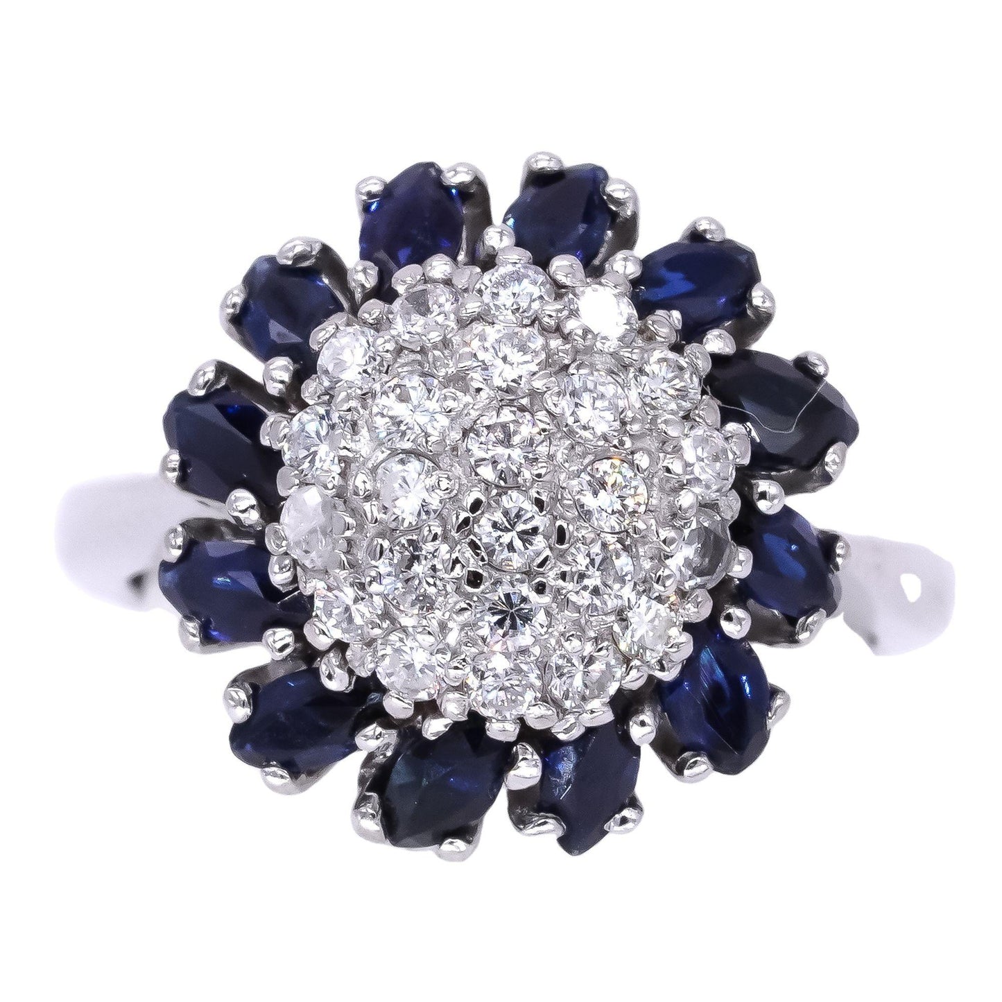 14k White Gold Vintage 1.75ct Diamond + Sapphire Dome Ring Size 5.5