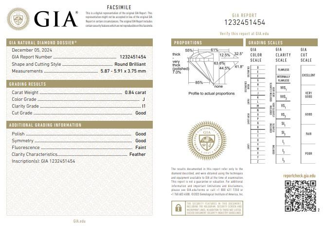 GIA Certified 0.84CT I1/J Round Brilliant Loose Diamond