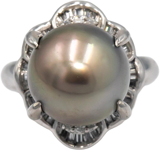 Platinum 0.40CT VS Diamond and 12.5mm Pearl Cocktail Ring size 5.25