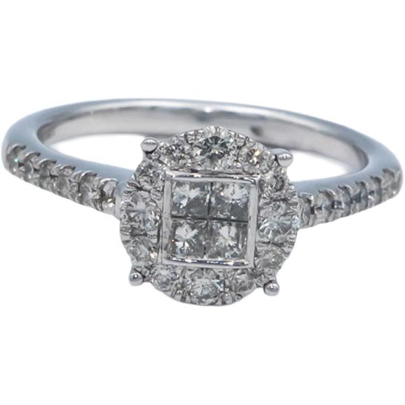 10k White Gold Princess and Round Diamond Halo 0.75CT Ring Size 7