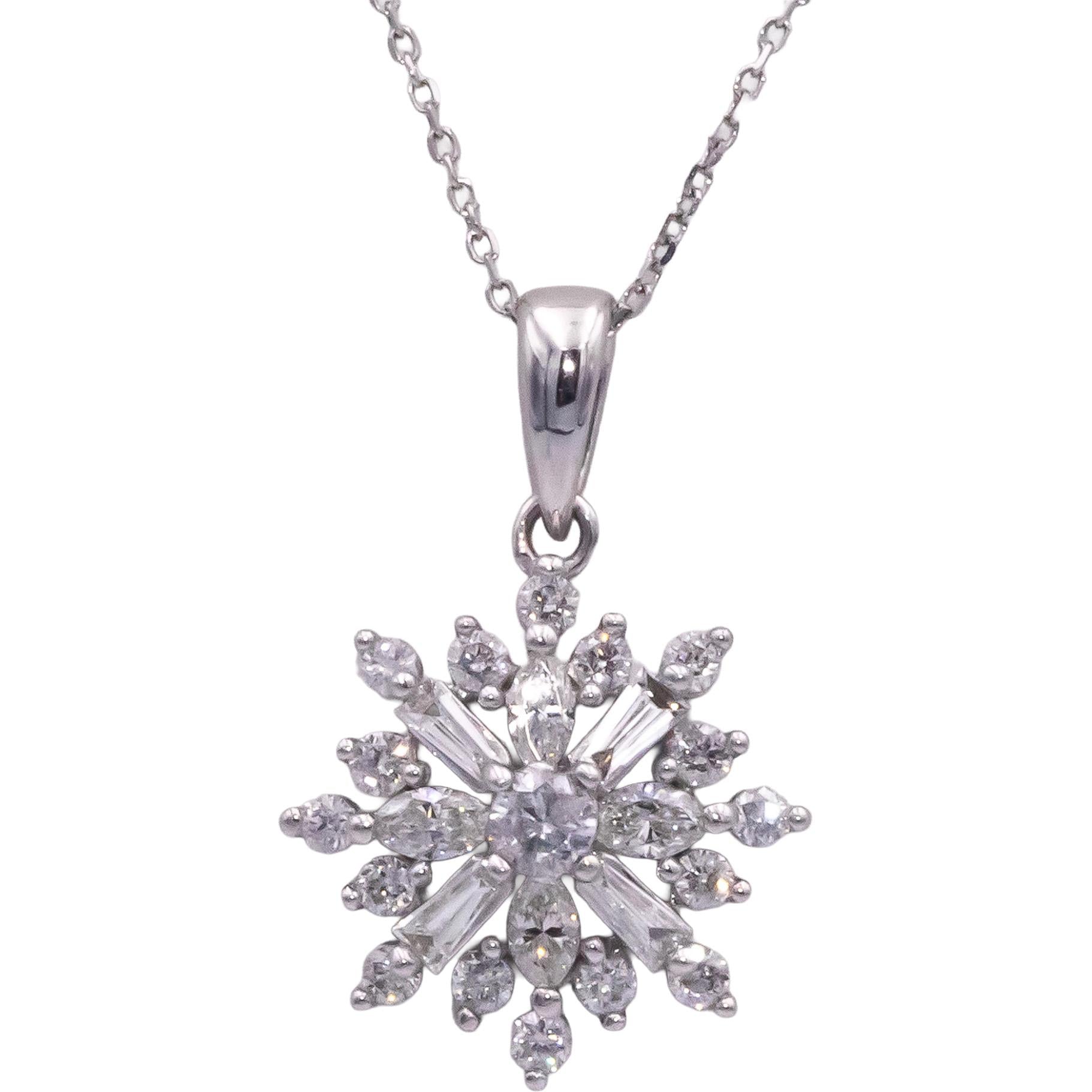 10k White Gold 0.50CT Baguette and Round Cut Diamond Starburst Pendant Necklace