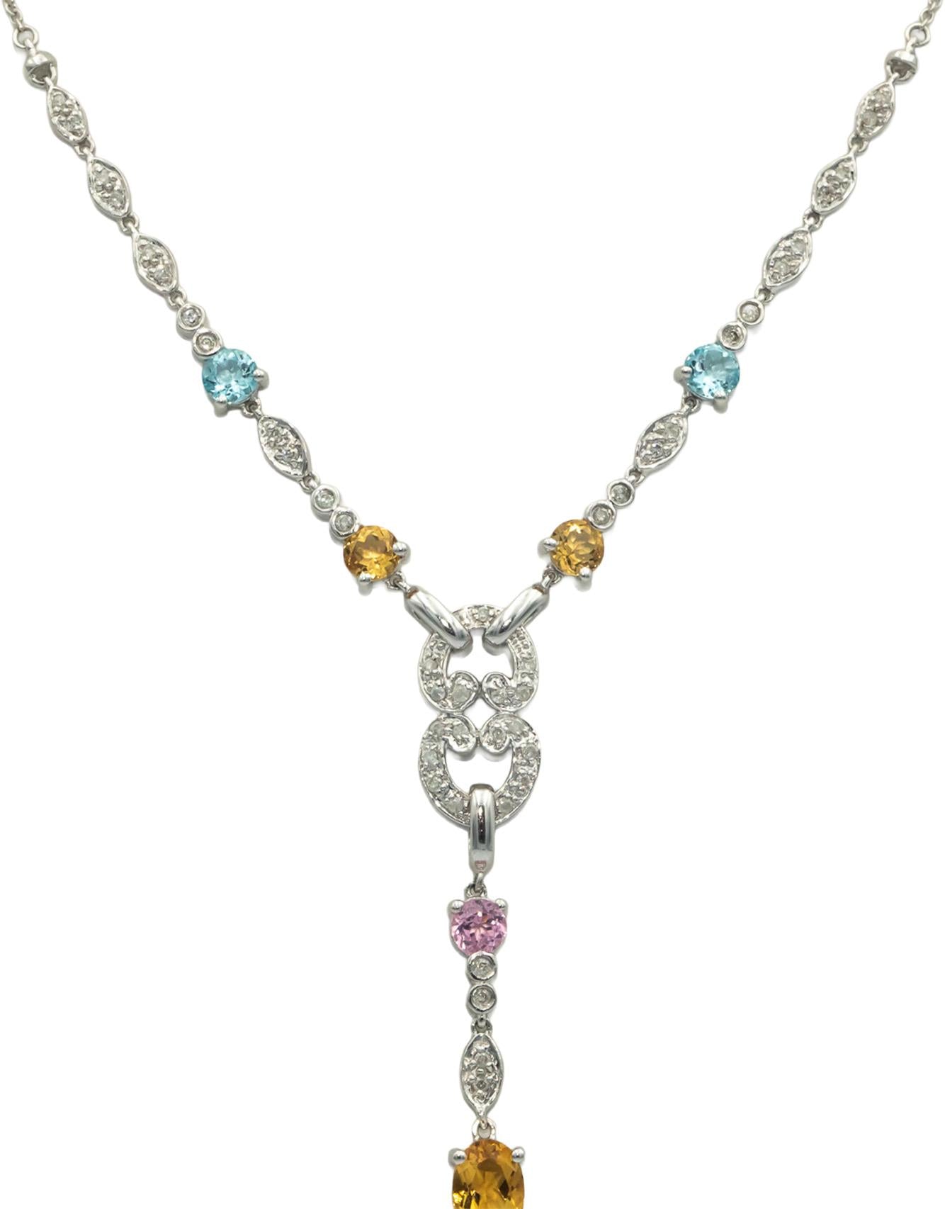 14k White Gold Diamond Assorted Gemstone Green Glass Formal Necklace 0.40CT