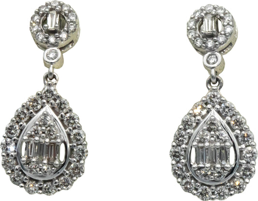 10k White Gold 1.0CT Diamond Drop Dangle Cluster Earrings