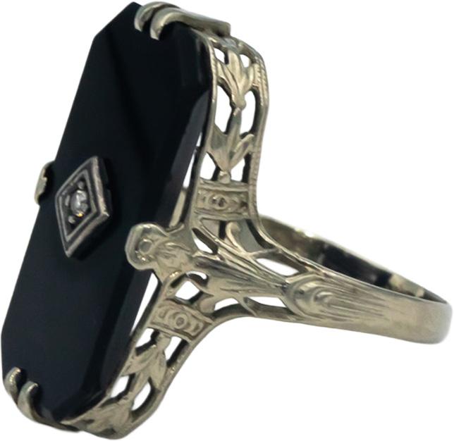 Antique Vintage 14k White Gold 0.01CT Diamond and Onyx Ring Size 5.25