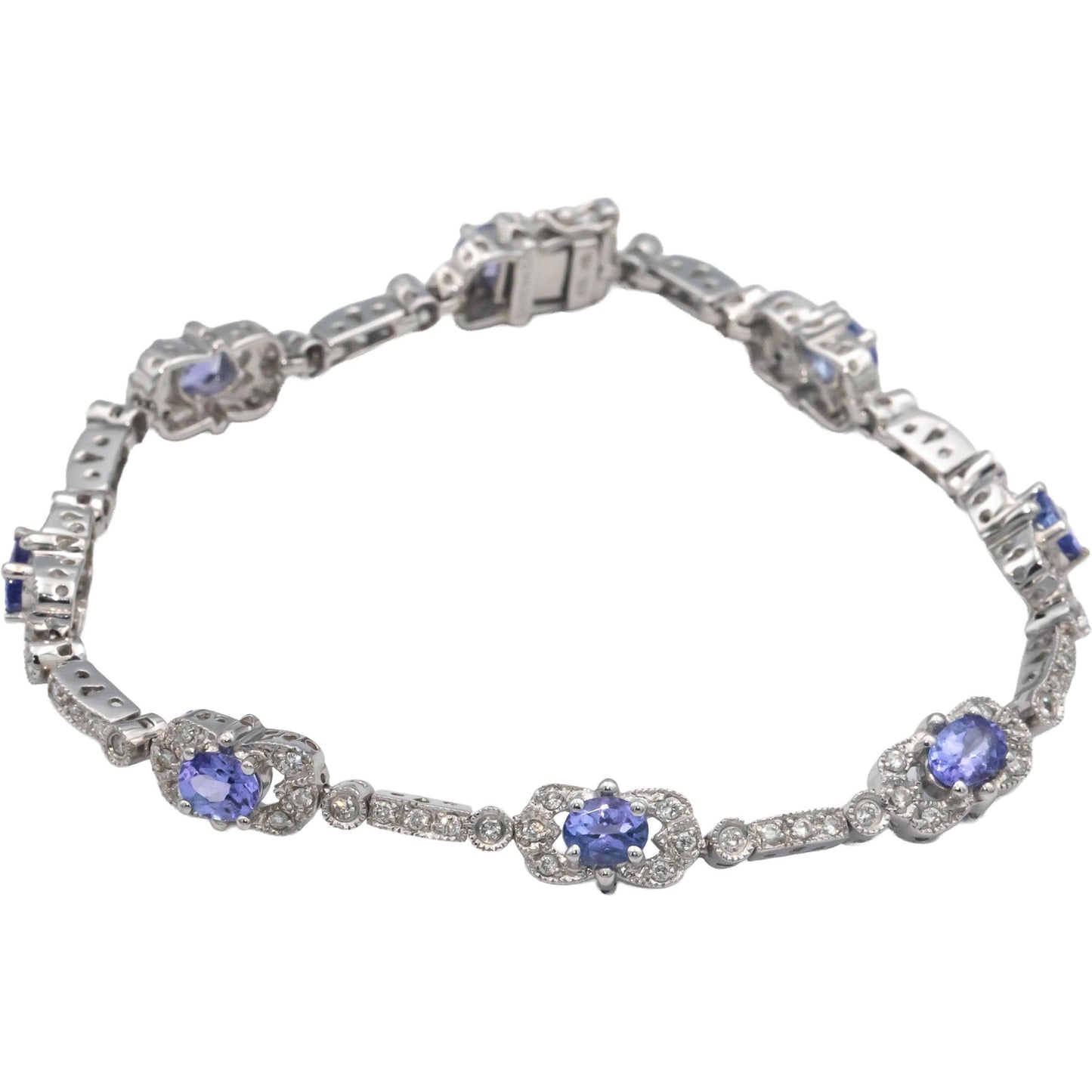 18k White Gold Diamond and Tanzanite Fancy Link Bracelet 3.49CT