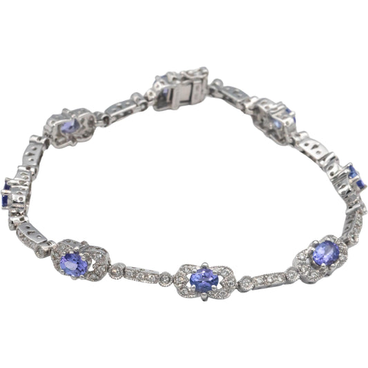18k White Gold Diamond and Tanzanite Fancy Link Bracelet 3.49CT