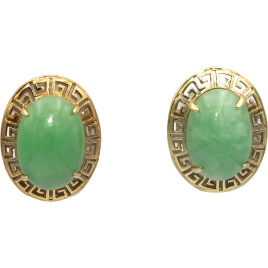14k Yellow Gold 8.0CT Cabochon Cut Jade Greek Key Stud Earrings