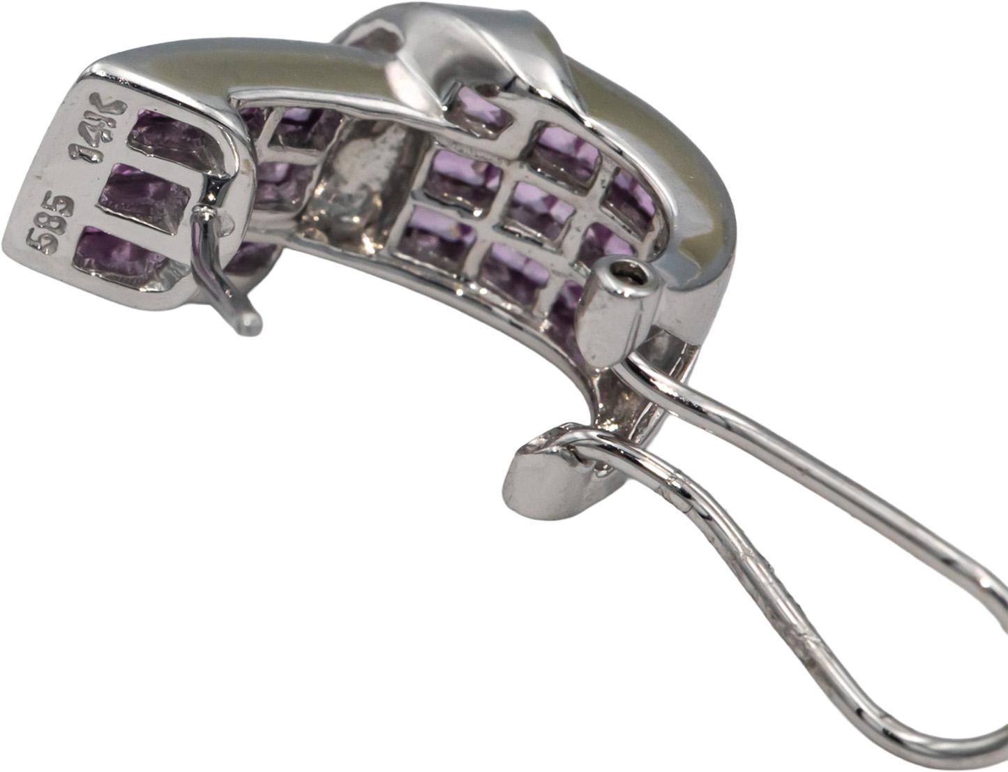 14k White Gold 2.10CT Diamond and Pink Sapphire Curved Earrings
