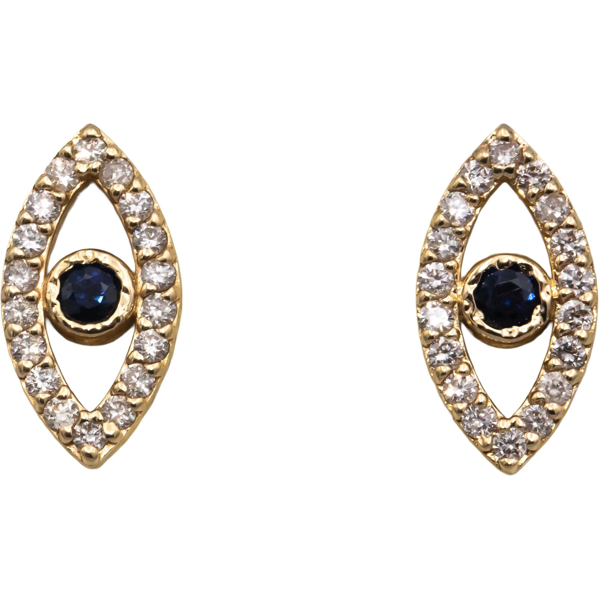 14k Yellow Gold Round Diamond and Sapphire Evil Eye Stud Earrings 0.73CTW