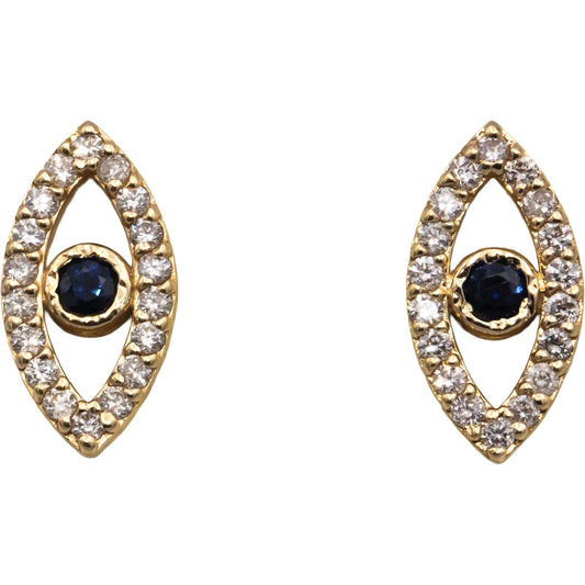 14k Yellow Gold 0.73CT Diamond and Sapphire Evil Eye Stud Earrings