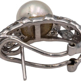 18k White Gold Round Diamond and Pearl Curved Earrings 0.21CT