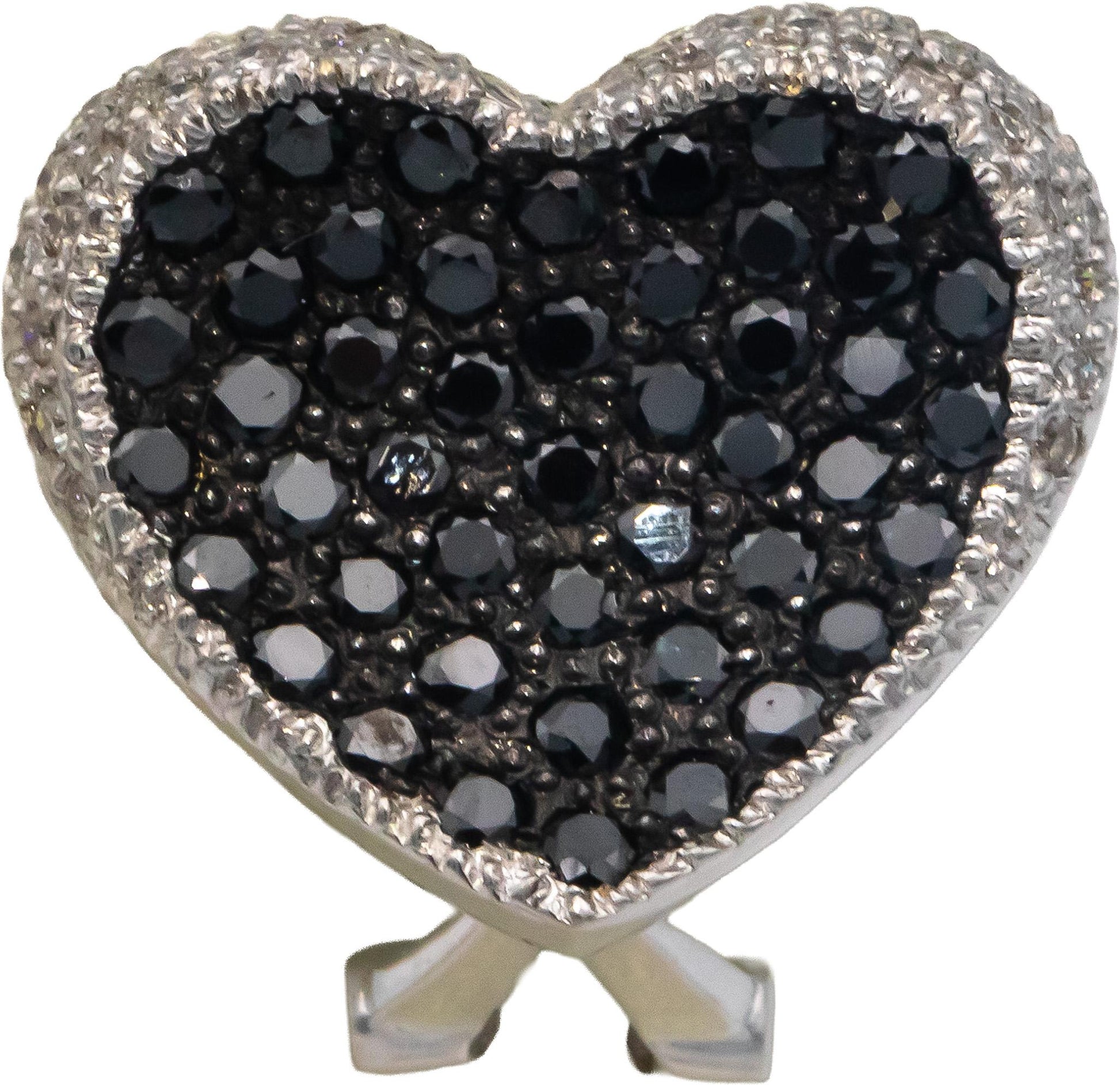 18k White Gold White and Black Round Cut Diamond Heart Cluster Earrings 2.0CT