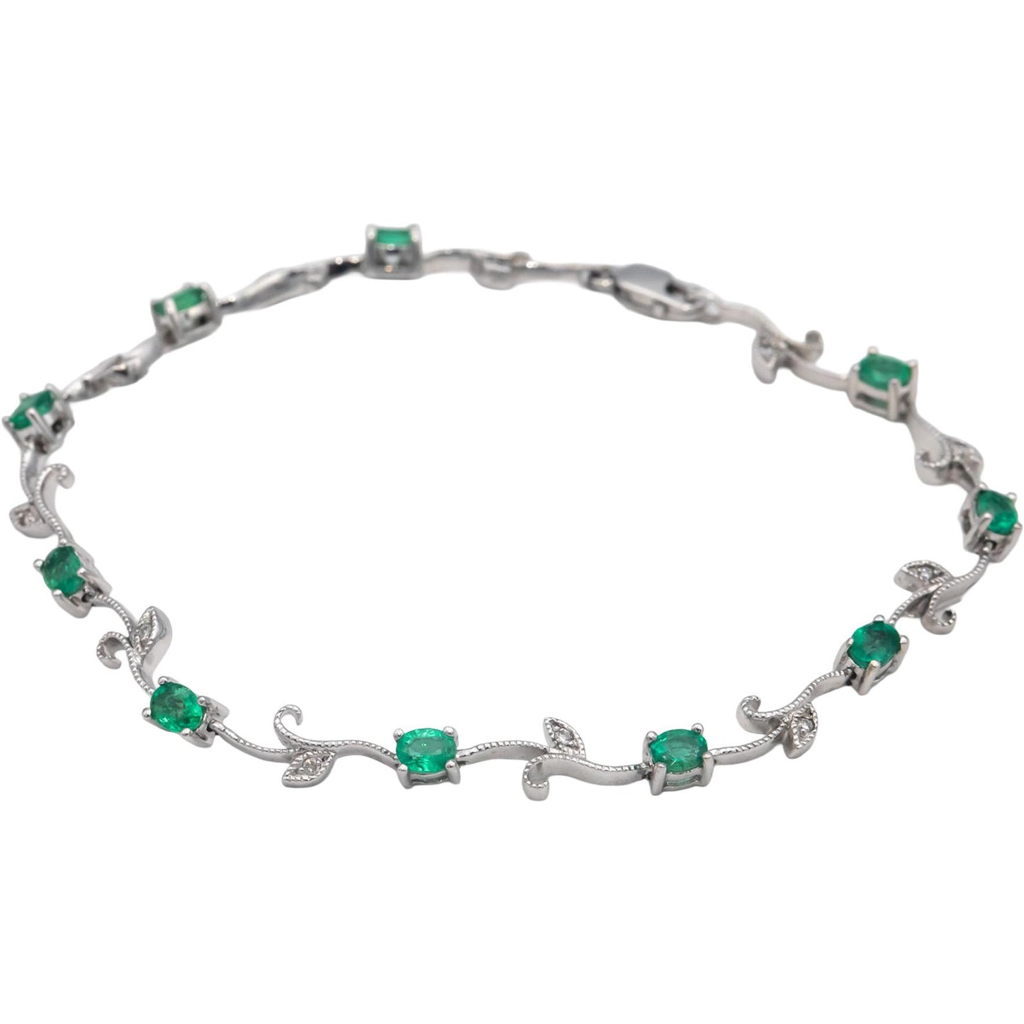 14k White Gold Diamond and Emerald Fancy Floral Link Bracelet 1.56CT