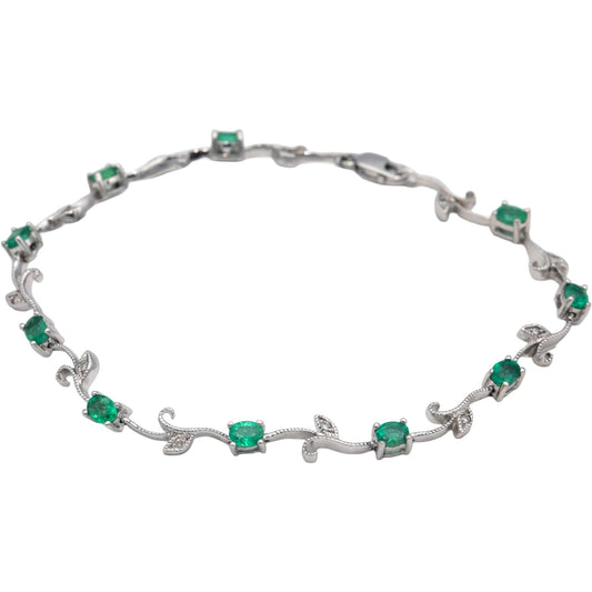 14k White Gold 1.56CT Diamond and Emerald Fancy Floral Link Bracelet