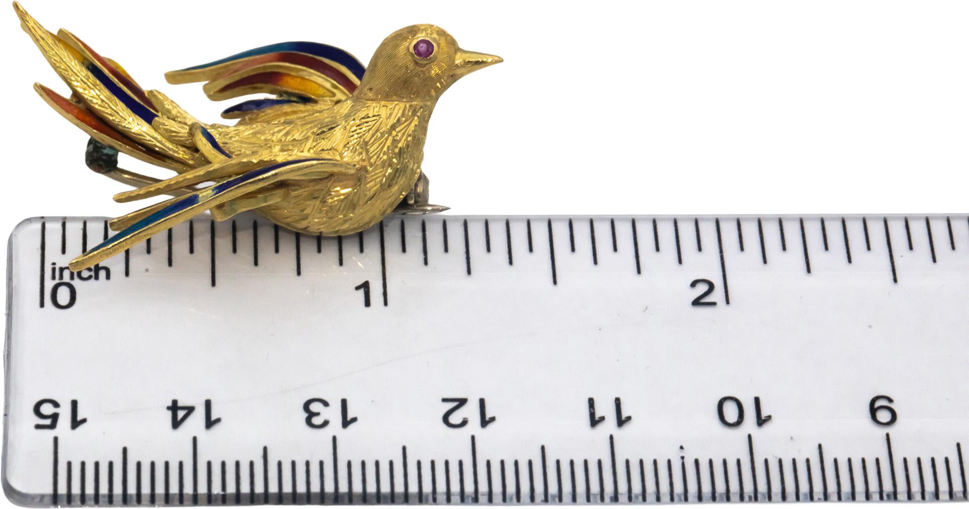 Italy 18k Yellow Gold Jewelry Enamel Textured Dove Bird Brooch Pin