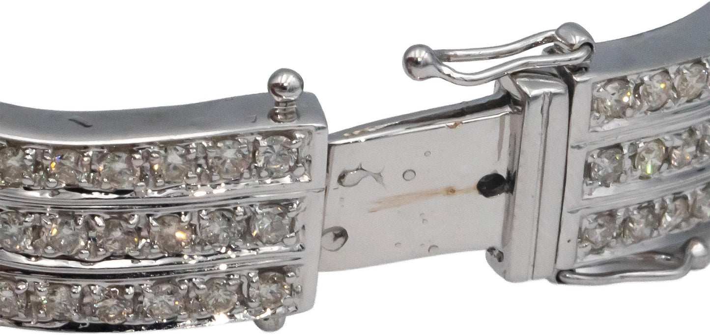 Diamond Round Cut 18k White Gold Three Row Wavy Bangle Bracelet 5.50CT