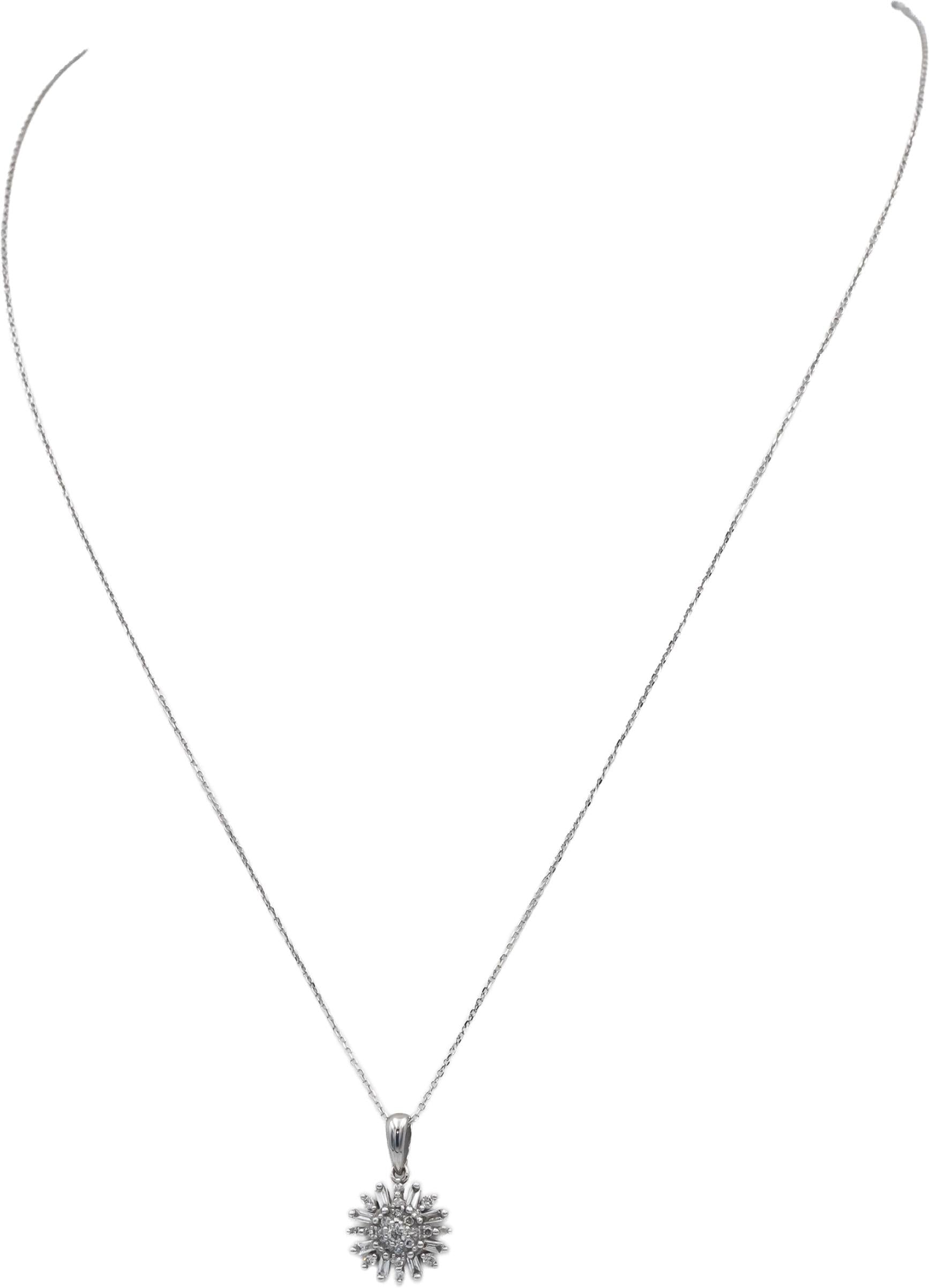 10k White Gold 0.25CT Round & Baguette Cut Diamond Sunburst Pendant Necklace