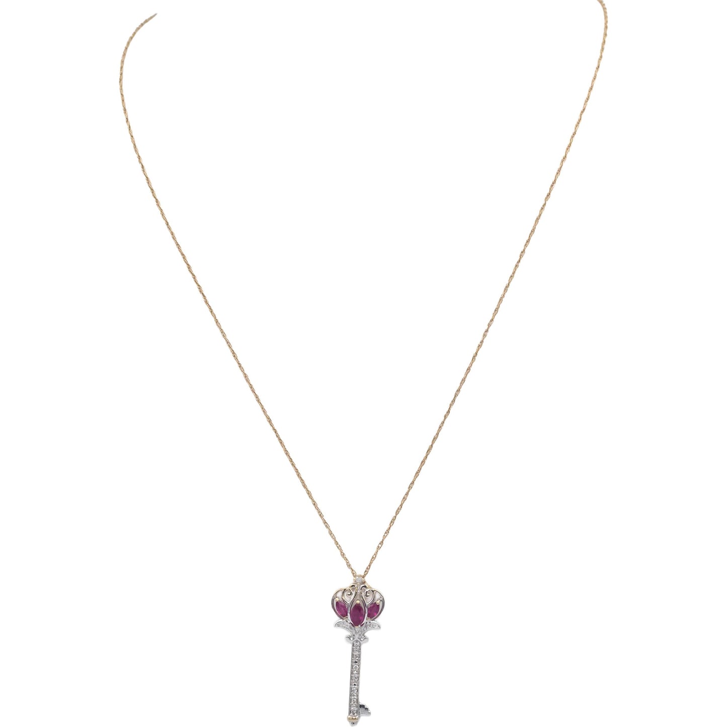 14k White & Yellow Gold 0.35CT Diamond and Ruby Key Pendant Necklace