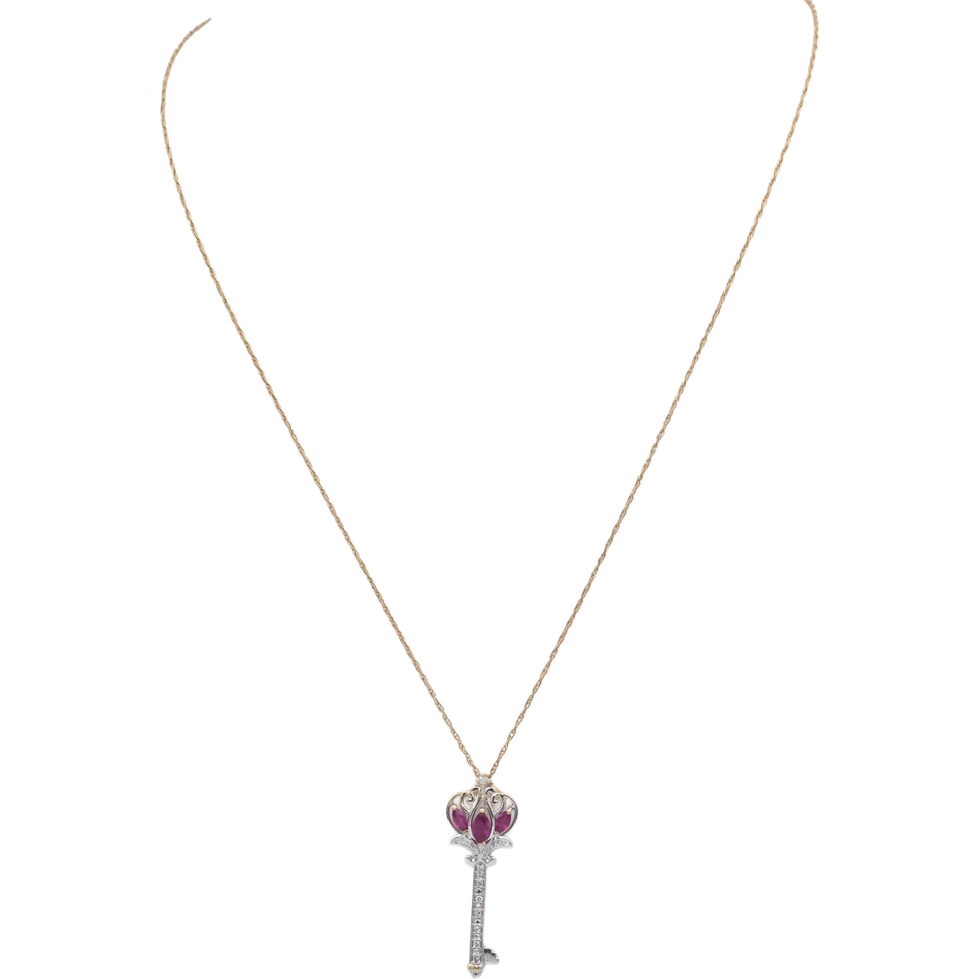 14k White & Yellow Gold 0.35CT Diamond and Ruby Key Pendant Necklace