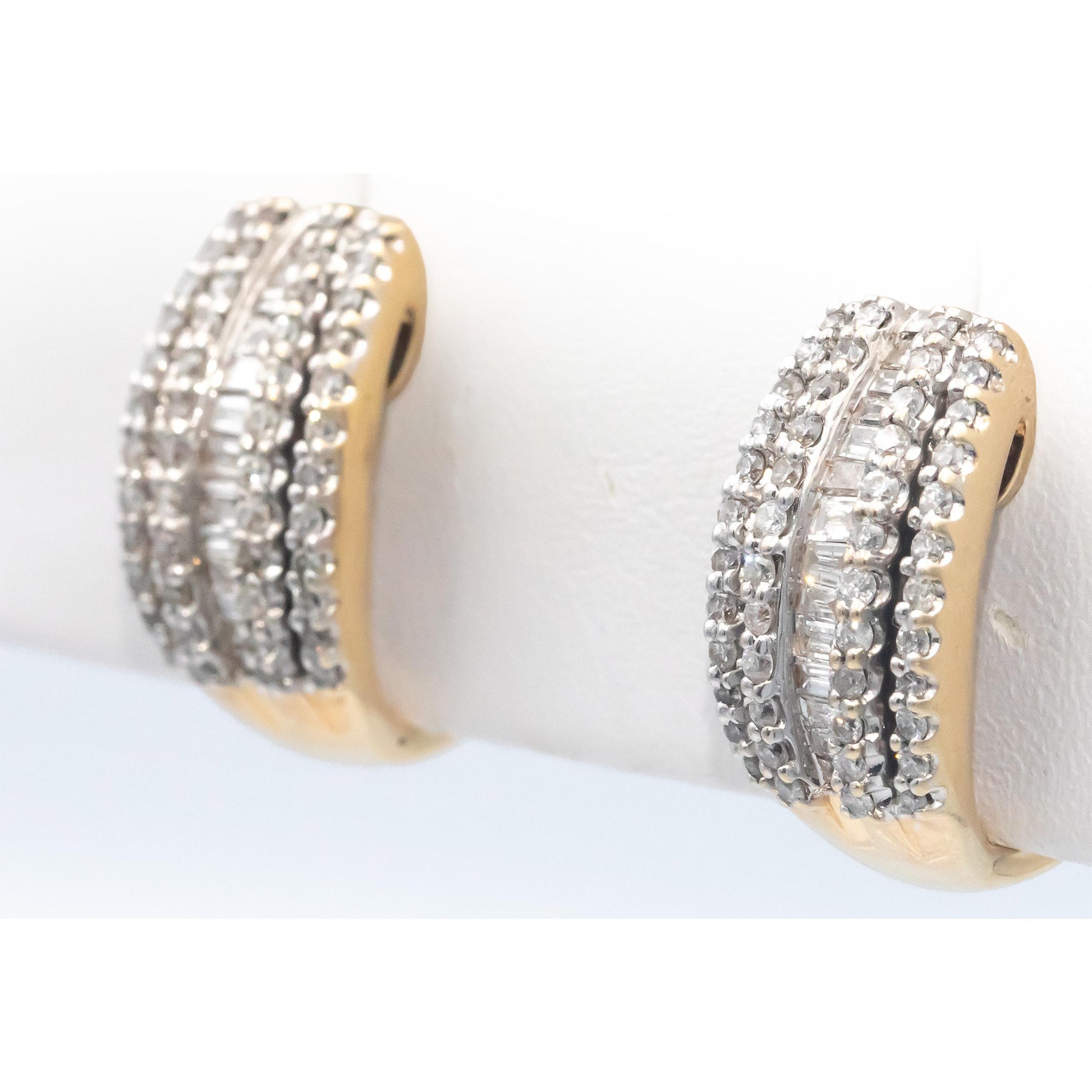14k Yellow Gold 1.50CT Round and Baguette Cut Diamond Curved Earrings