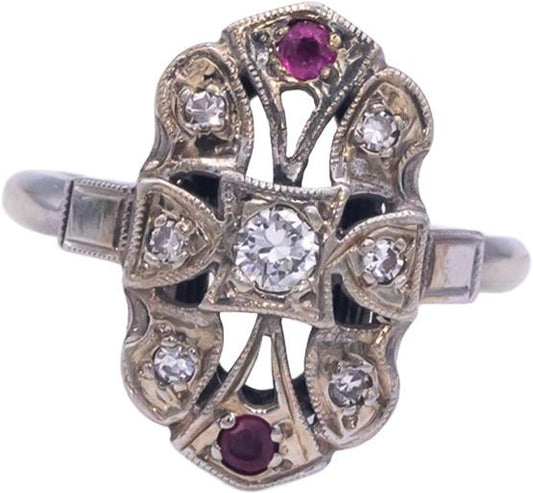 Antique Vintage 14k White Gold 0.27CT Diamond and Ruby Filigree Ring Size 6