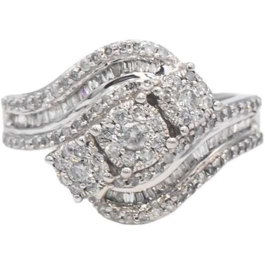 10k White Gold Round & Baguette Cut Diamond Cocktail Ring 0.75CT Size 8