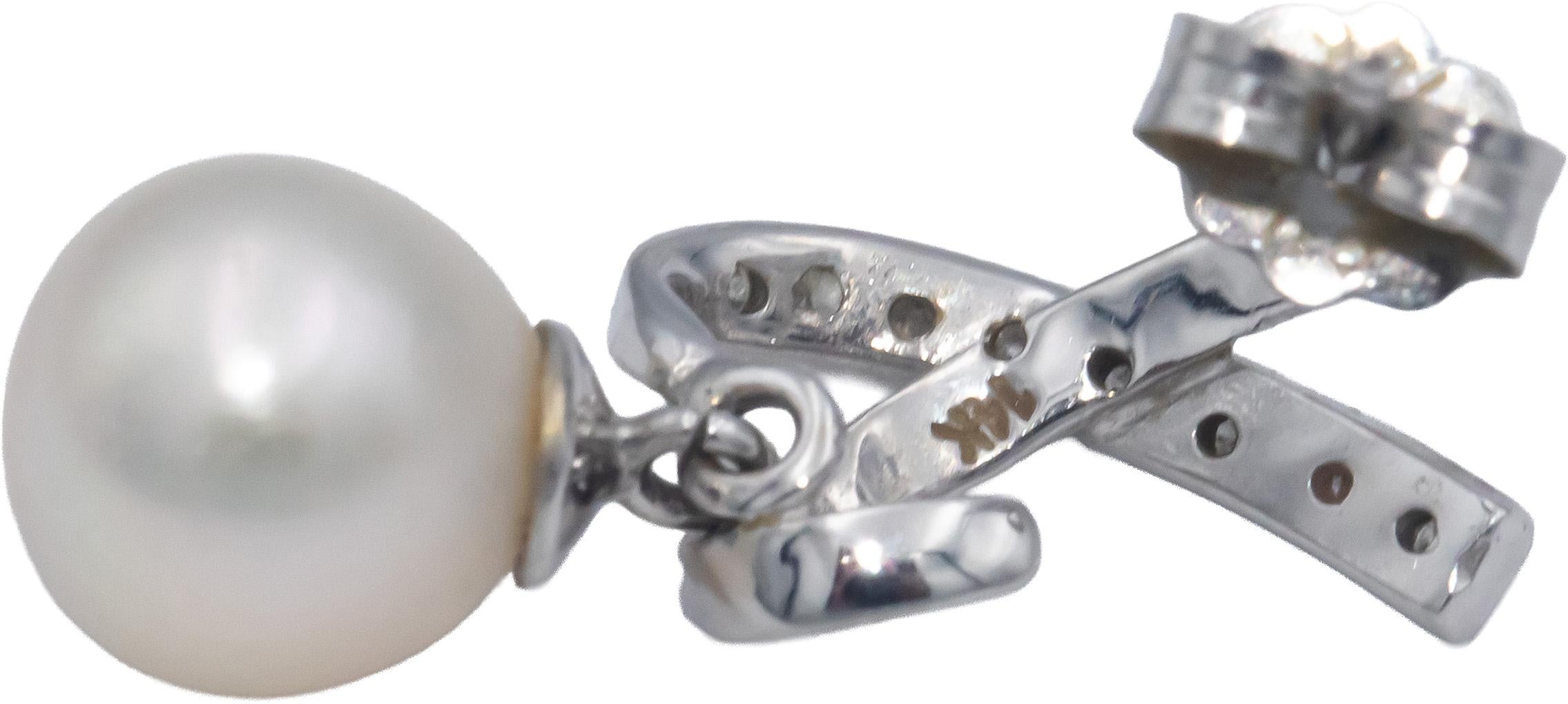 14k White Gold Diamond and Pearl Drop Dangle Earrings 0.15CT