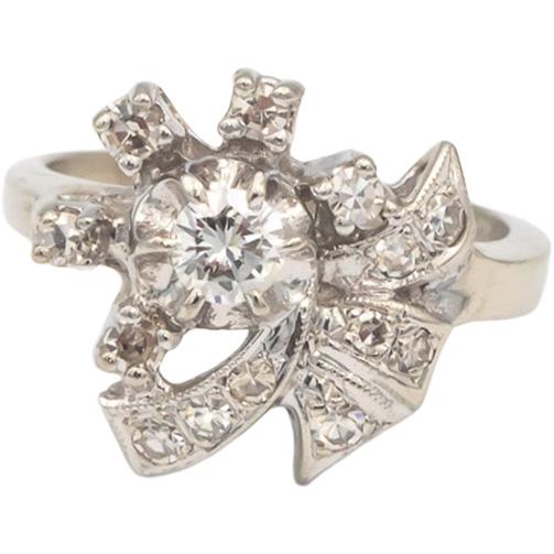 Antique Vintage 14k White Gold VS Diamond Ribbon Cocktail Ring 0.40CT Size 4.5