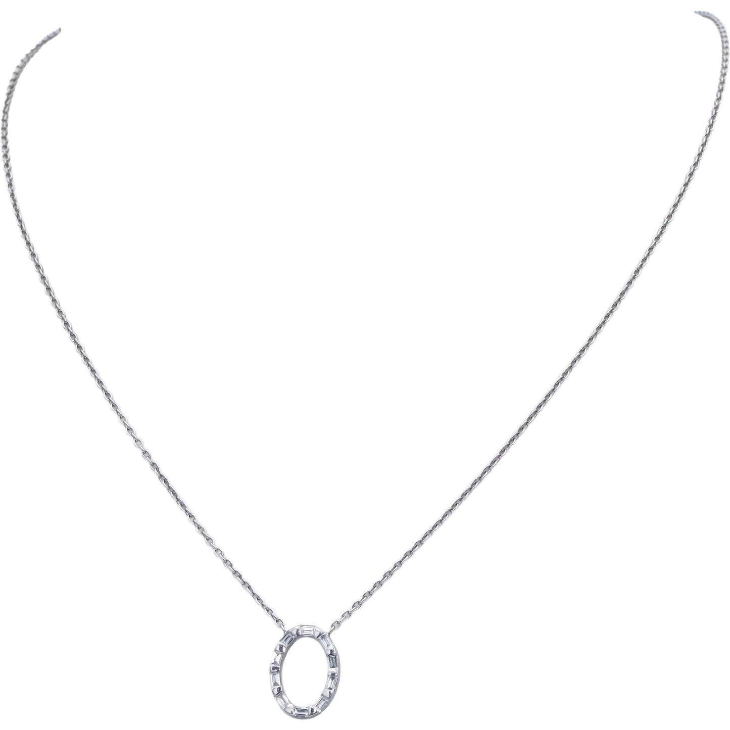 Diamond 18k White Gold VS Baguette Bar Set Oval Pendant Necklace 0.20CT