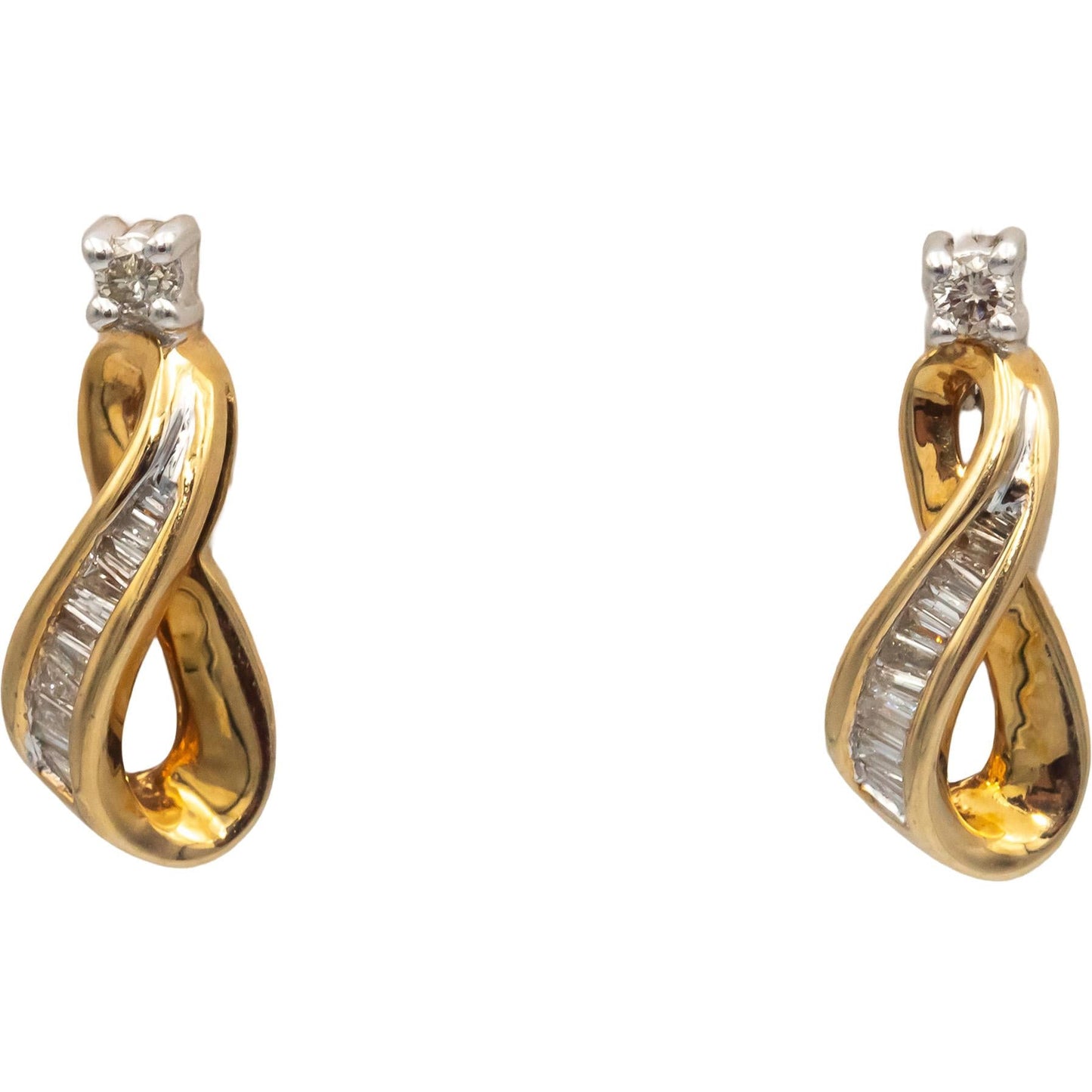 14k Yellow Gold 0.40CT Baguette & Round Diamond Ribbon Stud Earrings