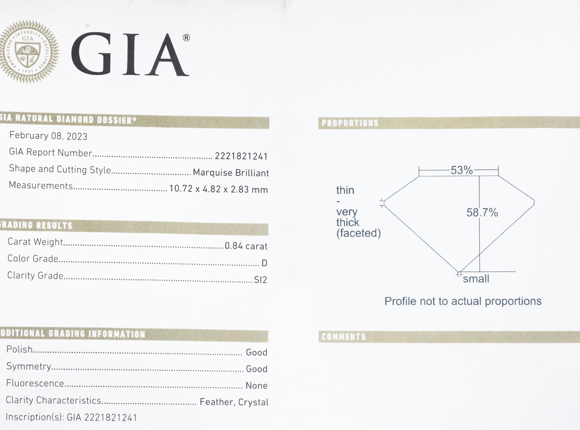 GIA Certified 0.84CT SI2/D Marquise Cut Loose Diamond