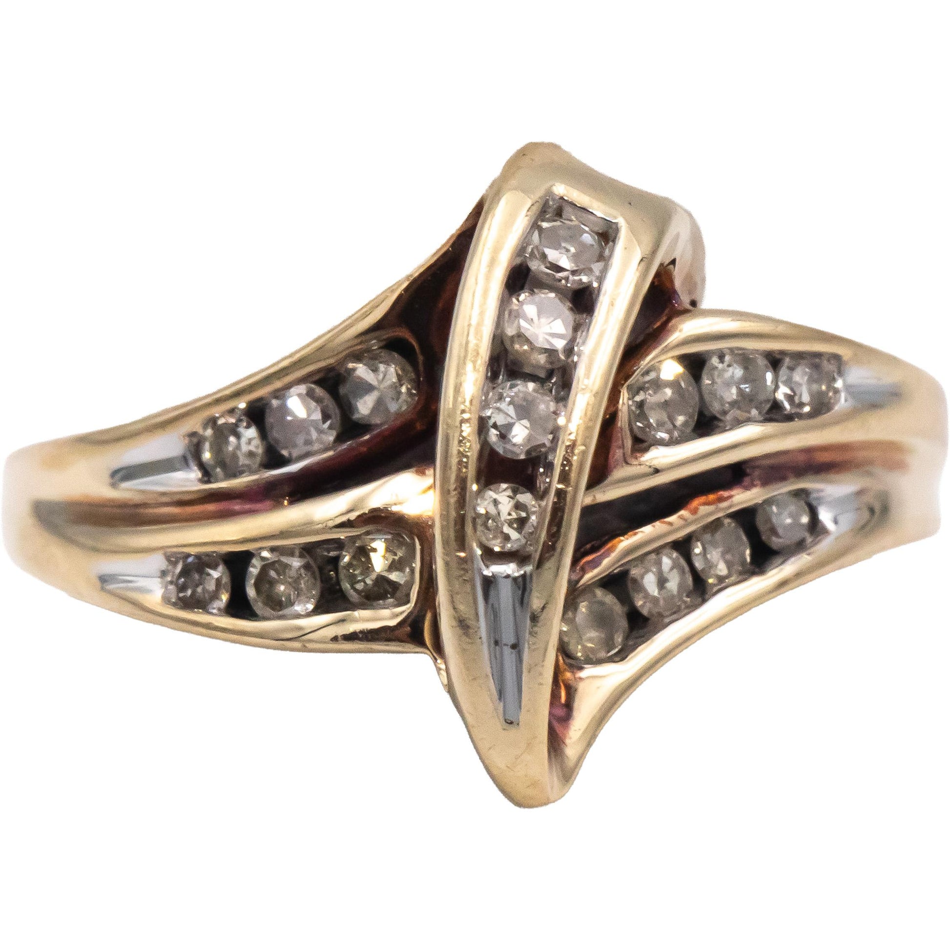 Diamond Round Cut 10k Yellow Gold Channel Set Crossover Ring 0.20CT Size 5.25