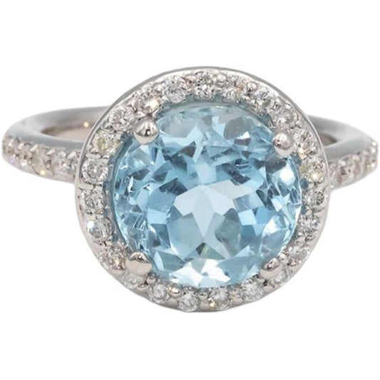 Aquamarine & Diamond 14k White Gold Halo Cocktail Ring 4.65CT Size 6.5