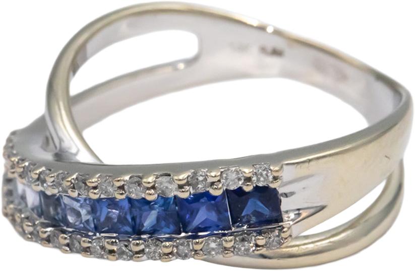 Diamond & Blue Sapphire 14k White Gold Crossover Band Ring 0.90CT Size 6.75