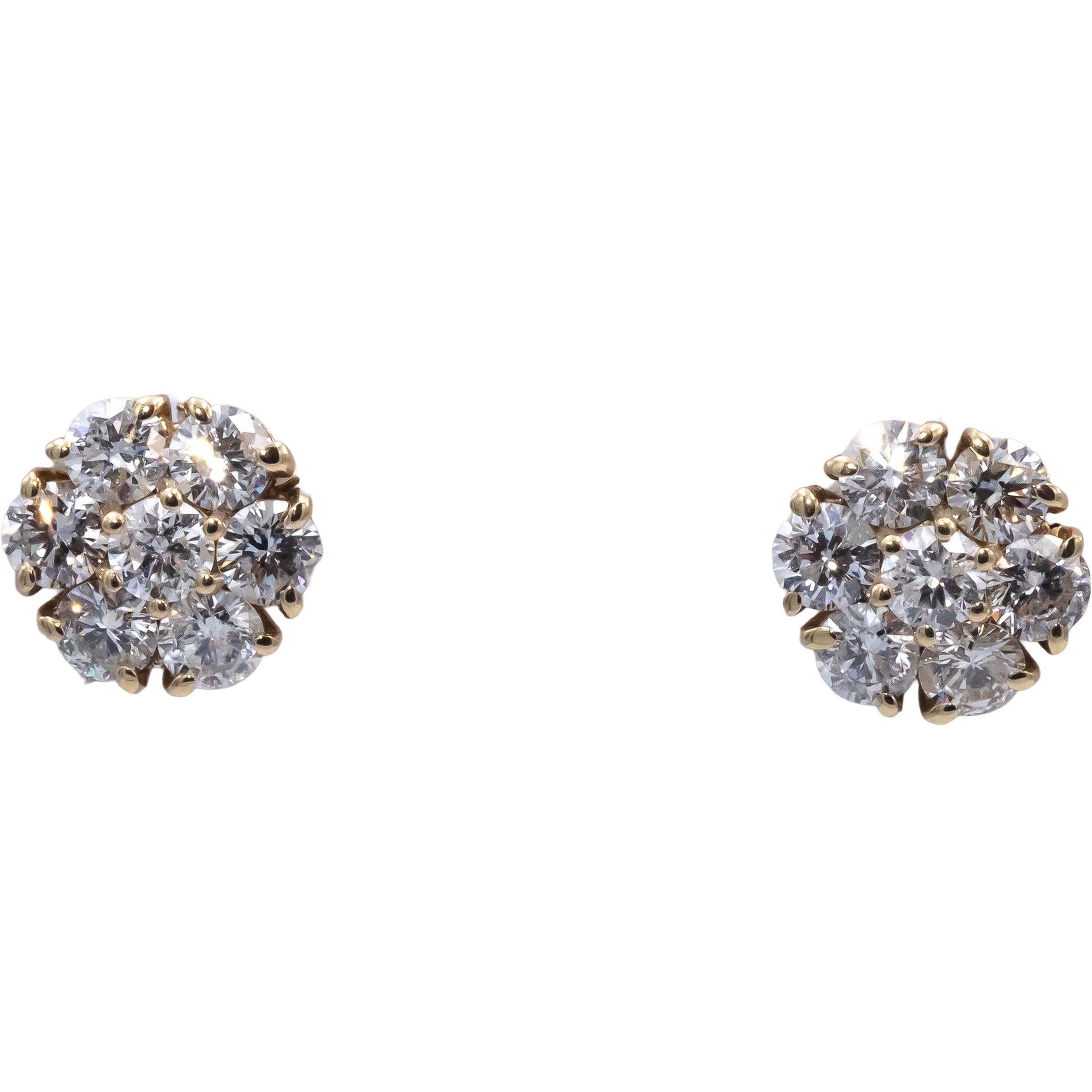 Round Diamond 14k Yellow Gold Flower Cluster Stud Screw Back Earrings 2.20CT