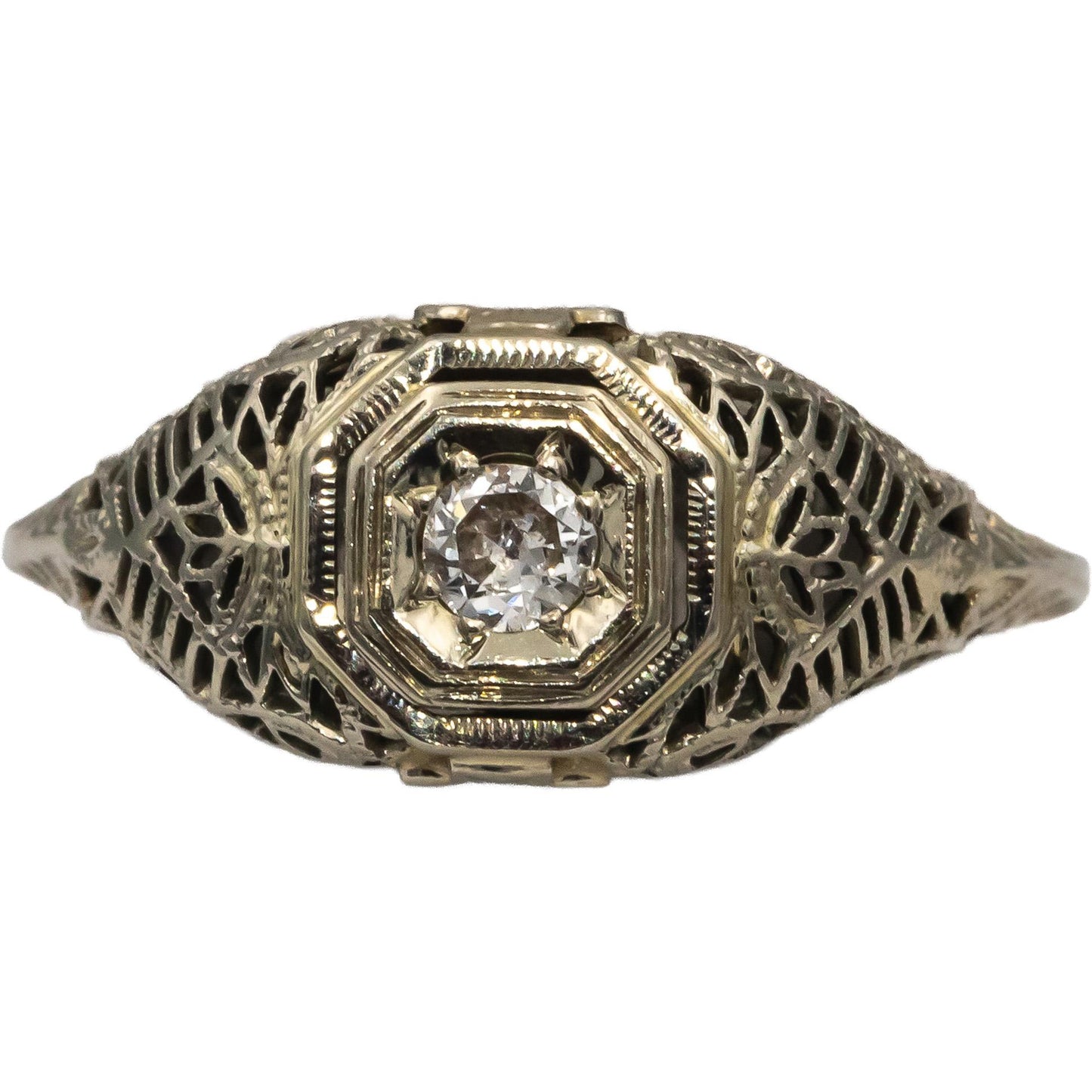 Vintage Antique 18k White Gold VS Diamond Solitaire Filigree Ring 0.10CT Size 8