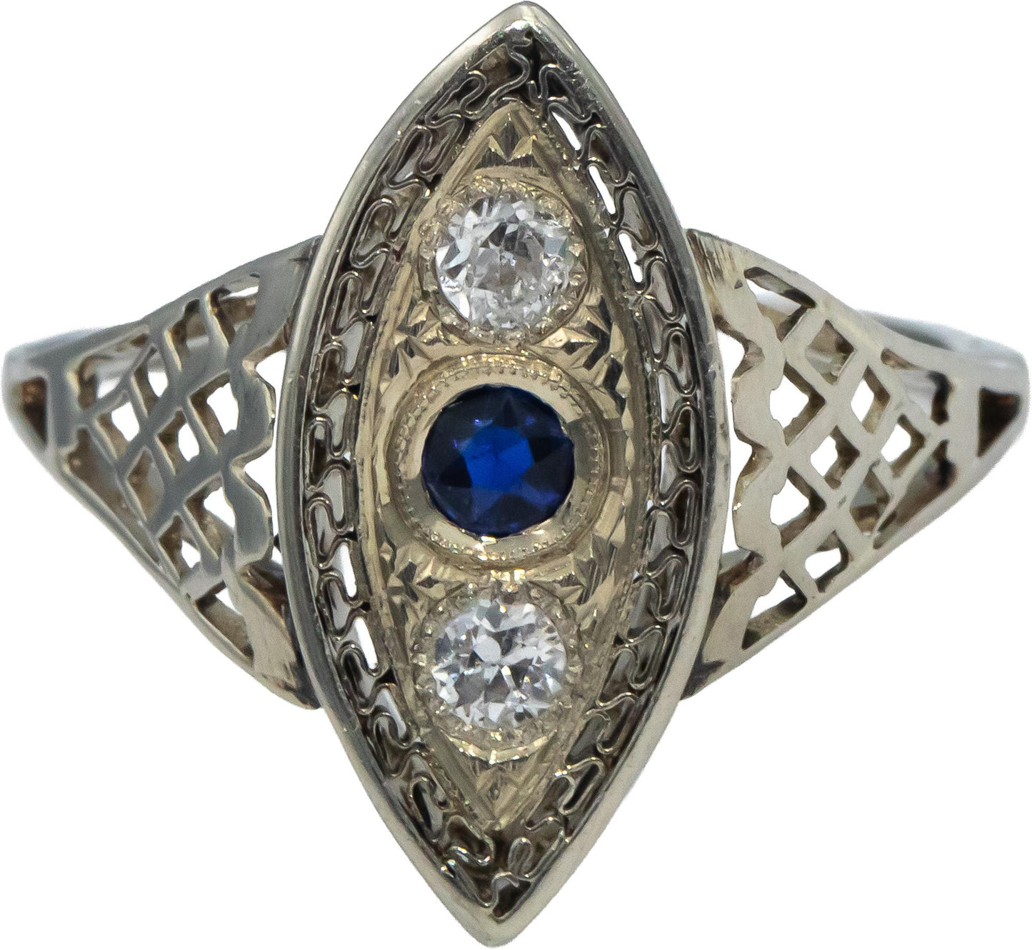 Vintage Antique 10k White Gold Old Euro Diamond & Sapphire Ring 0.26CT Size 8