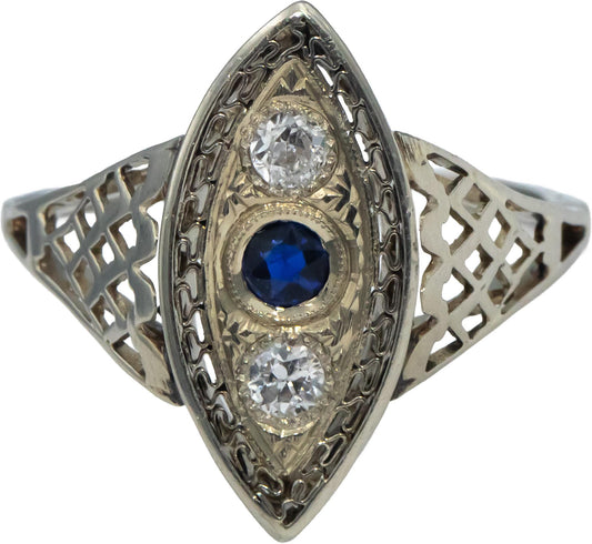 Vintage Antique 10k White Gold Old Euro Diamond & Sapphire Ring 0.26CT Size 8