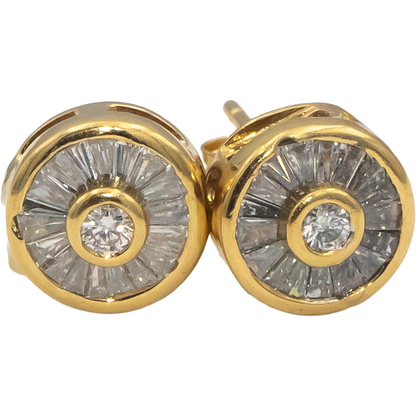 14k Yellow Gold Round & Baguette Cut Diamond Stud Earrings 0.75CT