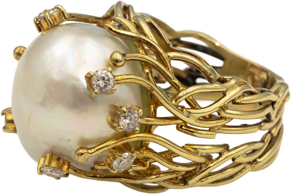 14k Yellow Gold VS Round Diamond & 16mm Pearl Cocktail Ring 0.50CT Size 7.5