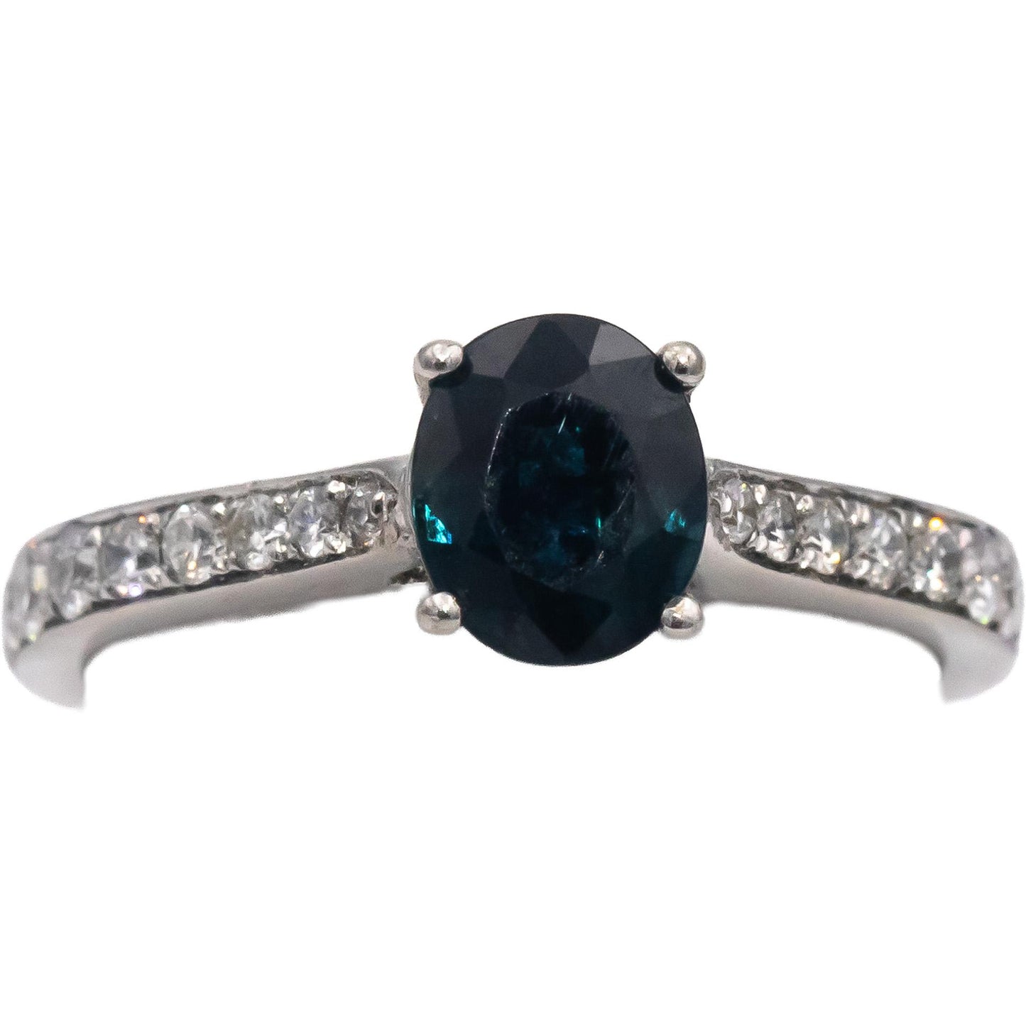 14k White Gold Oval Sapphire Round Diamond Cocktail Ring 1.62CT Size 6