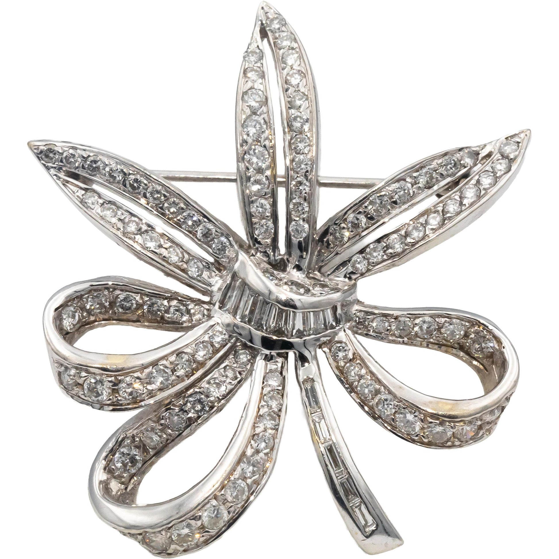 18k White Gold Round & Baguette Cut Diamond Floral Ribbon Brooch Pin 2.0CTW