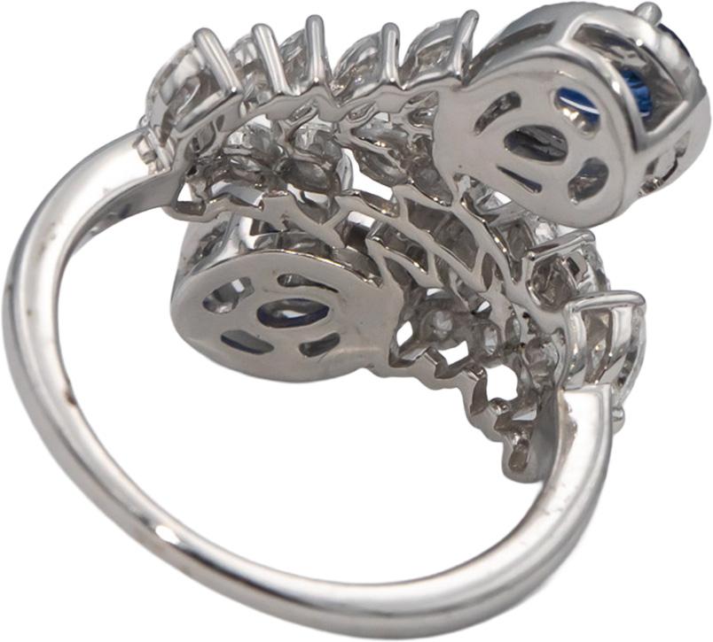 18k White Gold Blue Sapphire & VS Diamond By Pass Cocktail Ring 2.0CT Size 6.5