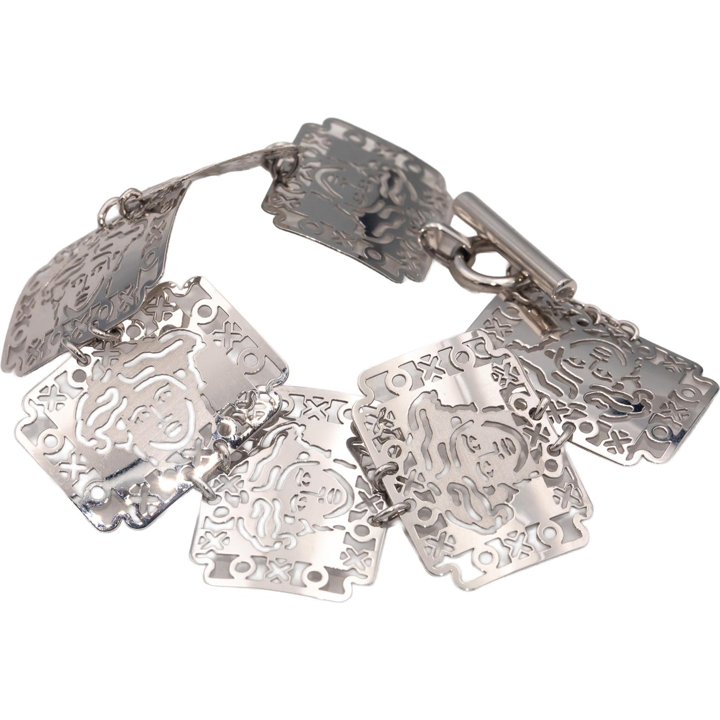 18k White Gold Fancy Panel Link Faces Bracelet w/ Toggle Clasp